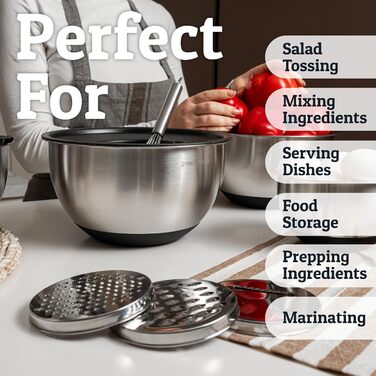 Набір міксерів Priority Chef з нержавіючої сталі з кришками, 3 тертки, герметичні кришки, силіконова неслизька основа, набір для змішування, великі металеві миски для кухні, чорний