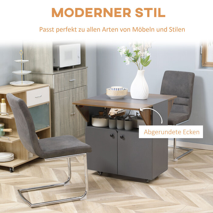 Складаний столик-шафа з двома відкидними боковинами, полицею всередині, на 4 колесах, світло-сірий + темно-коричневий, 70 x 83 x 75 см