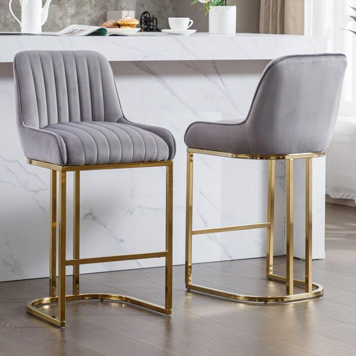 Набір з 2 барних стільців з велюру з золотистими металевими ніжками, з підлокітниками, для кухонного острова/домашнього бару, сірий
