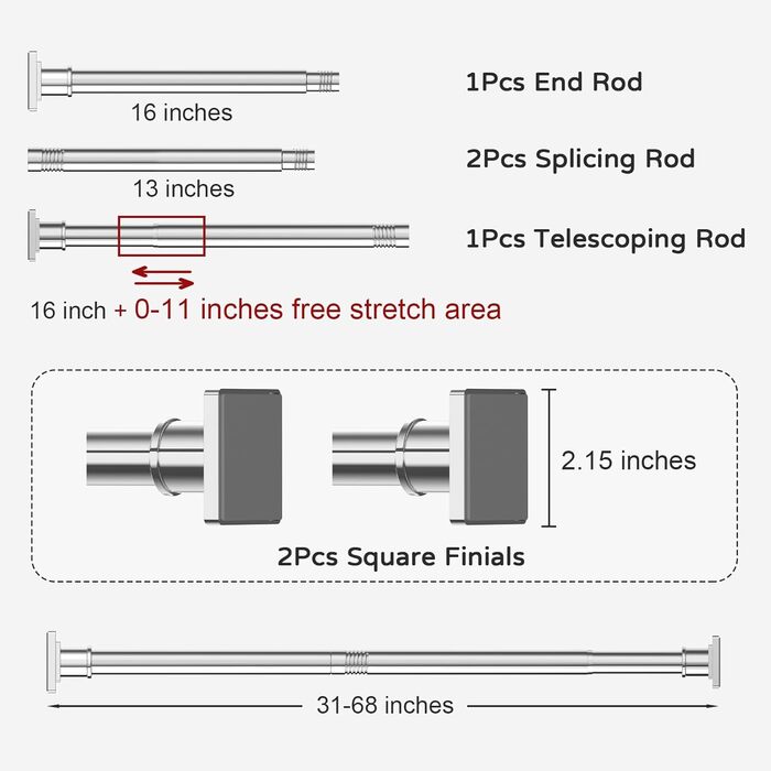 Штанга для душу ENE, 79-200 см, нековзна, натяжна фіксація без свердління, регульована, з нержавіючої сталі
