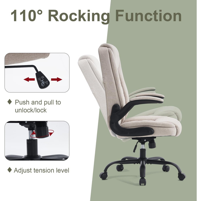 CASTLOVE Ергономічне крісло для офісу, комп'ютерне крісло, крісло для начальника з підйомними підлокітниками, висока спинка, функція гойдання, регульована висота, зручне, офісне крісло для дому, офісу, тканина, кремовий колір