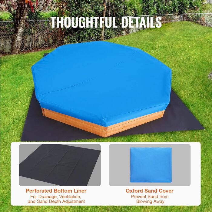 Дерев'яний пісочниця VEVOR з кришкою, восьмигранна пісочниця, пісочниця з 4 місцями для сидіння та підстилкою, дитяча пісочниця для саду, подарунок для хлопчиків та дівчаток віком 3–12 років, дерево + восьмигранна форма