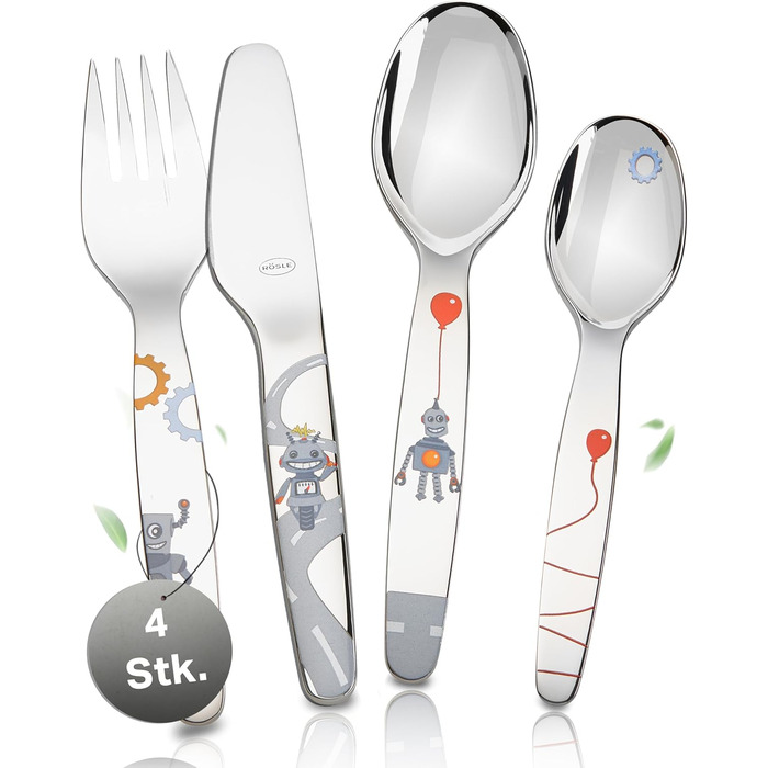 Набір дитячого посуду RÖSLE Kinderbesteck – 4 предмети з нержавіючої сталі 18/10, для дітей від 3 років, безпечний, можна мити в посудомийній машині, чудовий подарунок на хрещення, дизайн 'Маленький робот'