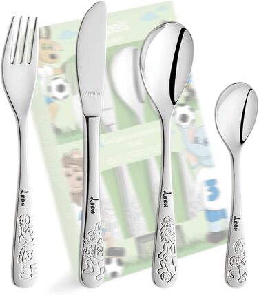 Набір дитячого столового прибору Kinderbesteck з гравіюванням 'BALLFREUNDE', 4 шт. з іменем, з нержавіючої сталі