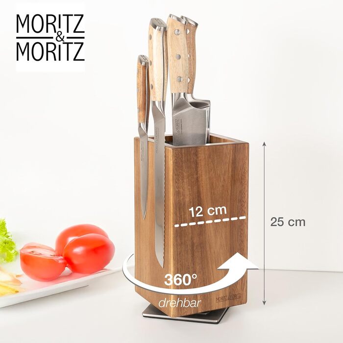 М'ясний блок Moritz & Moritz Akazie, поворотний на 360°, з магнітним утримувачем та знімним вкладишем з щетиною – зручний підставка для ножів на кухню, без ножів