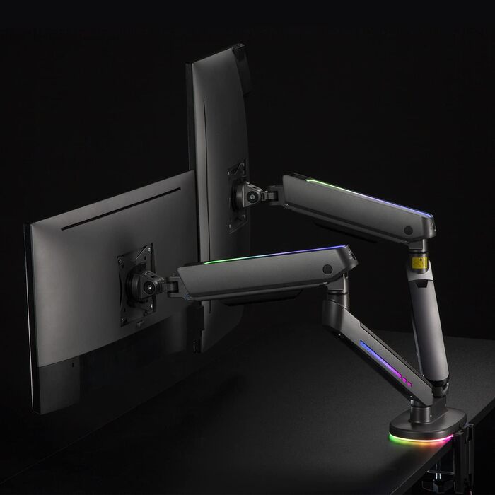 Кріплення для двох моніторів NanoRS RS166 з RGB-підсвічуванням, регульоване по висоті, настільне, для моніторів 17-32