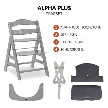 Дитячий високий стільчик Hauck Alpha+ з дерева, регульована висота, з подушкою, захисний бампер та ремінь, від 6 місяців (подушка: джерсі Charcoal, сірий)