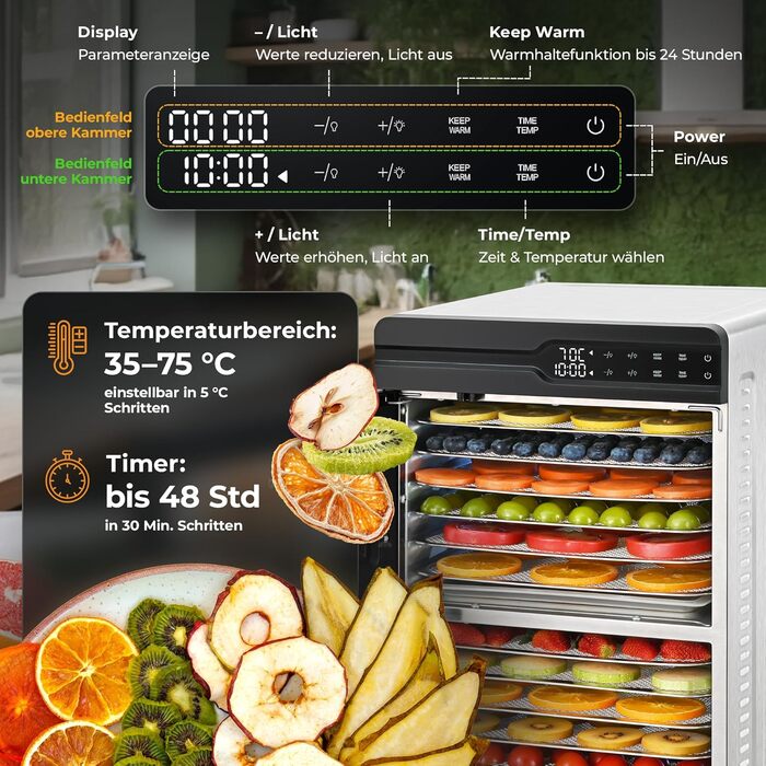 Електрична сушарка для фруктів та овочів Balter з нержавіючої сталі, 12 ярусів, 1100 Вт, 70 л, 12000 см² поверхні сушіння, BPA-free, 35–75 °C, таймер до 72 год, 2 камери