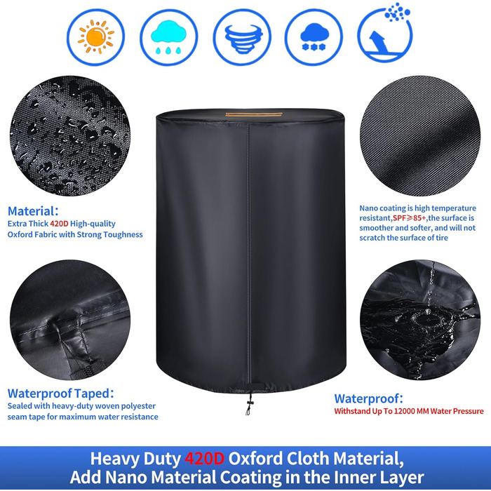 Чохол для коліс автомобіля, великий, міцний, 420D, універсальний, на 4 колеса, з блискавкою, вологостійкий, з світловідбиваючими смугами (Ø 84 см x H 120 см), чорний