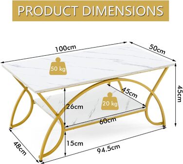 Журнальний столик LIFEZEAL з мармуровим ефектом, сучасний стіл для вітальні з металевим каркасом, 2-ярусний прямокутний журнальний столик Журнальний столик Журнальний столик для вітальні, спальні, офісу, 100x50x46см (білийзолотий)