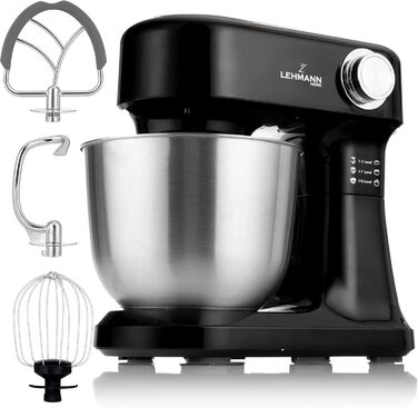 Кухонна машина Lehmann - планетарний міксер з набором аксесуарів - 3 насадки, захист від бризок, 5л чаша, 12 швидкостей, захист від перегріву, неслизька, чорний