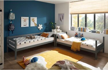Сучасне ліжко-горище зі сходами та двома лежачими поверхнями 90 x 200 см - Компактне дитяче двоярусне ліжко з масиву сосни, сіре - 97 x 140 x 207 см (Ж/В/Г) Сосново-сірий