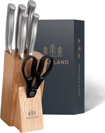 Набір ножів WALDLAND Premium: 7 предметів з бруском для точіння | Набір кухонних ножів з міцного дуба | Преміум якість