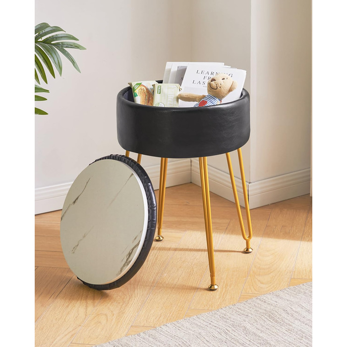Пуф-табуретка IBUYKE з велюру, круглої форми, з м'якою оббивкою, на золотих металевих ніжках, чорного кольору, з PU-підсидінням для зберігання, модель L/G-30P
