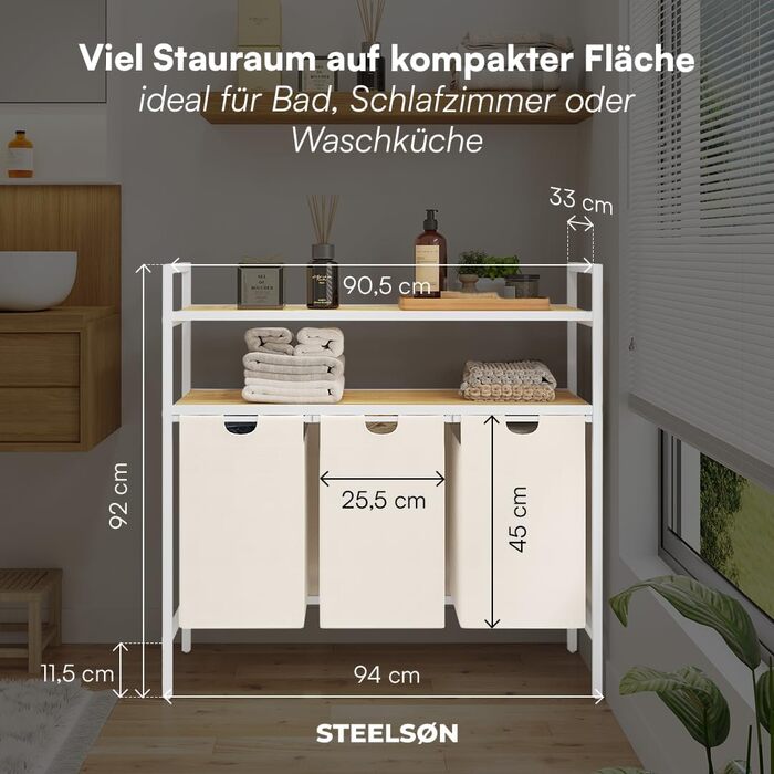 STEELSØN Rigil Кошик для білизни з 2 відділеннями та полицею з бамбука – 2 шт. по 45 л, чорний металевий сортер для білизни з висувними мішками