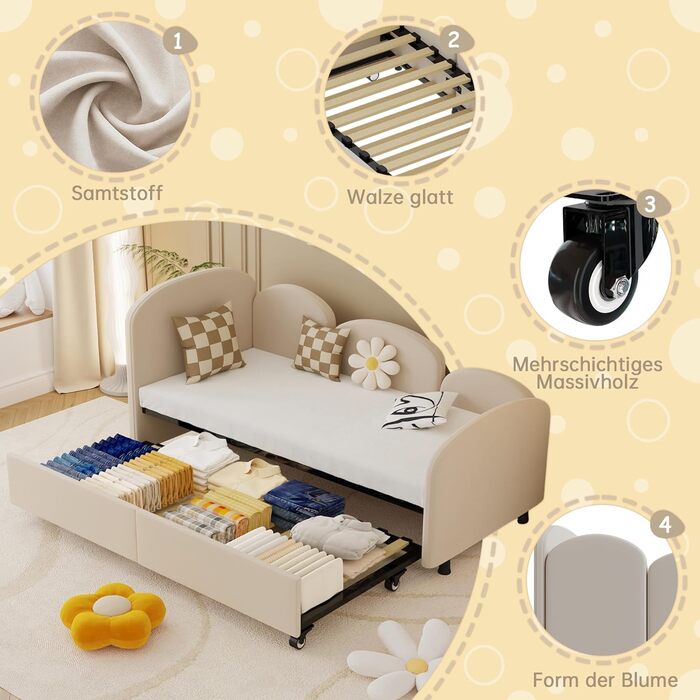 Дитяче ліжко-табурет 90x200 з висувним спальним місцем, ліжко-диван для підлітків, каркас без матраца, велюр, бежевий