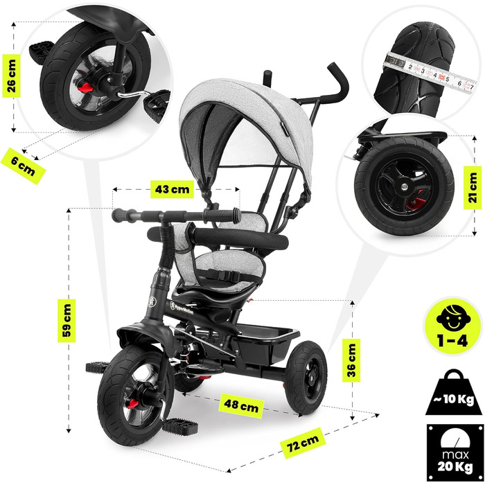 Триколісний велосипед HyperMotion з ручкою для батьків 3-в-1, сірий - для дітей від 1 до 4 років (до 20 кг)