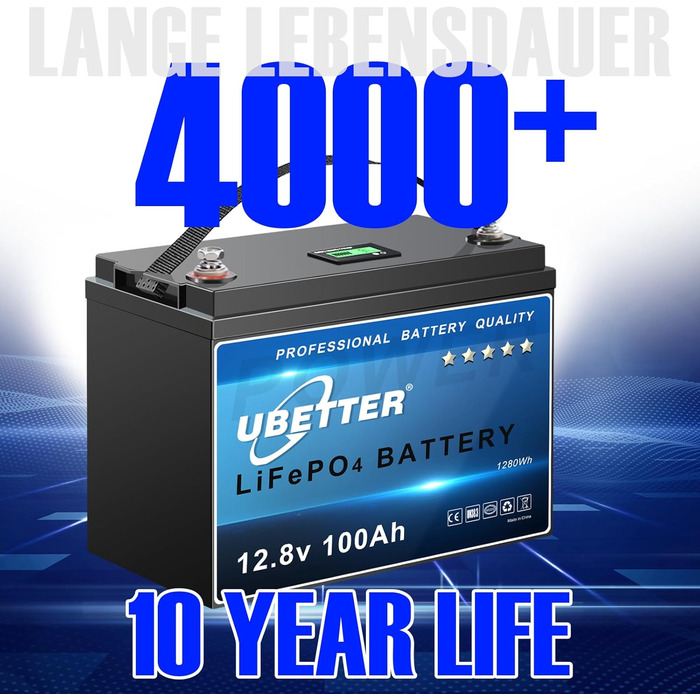 Акумулятор UBETTER 12V 100Ah LiFePO4 зі світлодіодним дисплеєм, 100A BMS, 4000 циклів, послідовно/паралельно, домашнє зберігання енергії