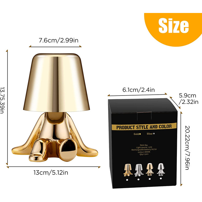 Приліжковий світильник Touch Gold Thinker Statue LED, USB 3 рівні яскравості з регулюванням яскравості настільна лампа для прикраси