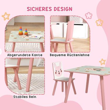 Дитячий стіл ZONEKIZ з 2 стільцями (рожевий), комплект меблів для дитячої кімнати, 3-8 років