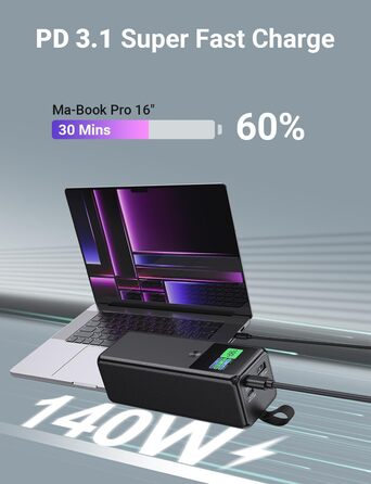 Power Bank VAFOTON 27000mAh 140W з 3 портами, цифровим дисплеєм та USB-C кабелем (Чорний)