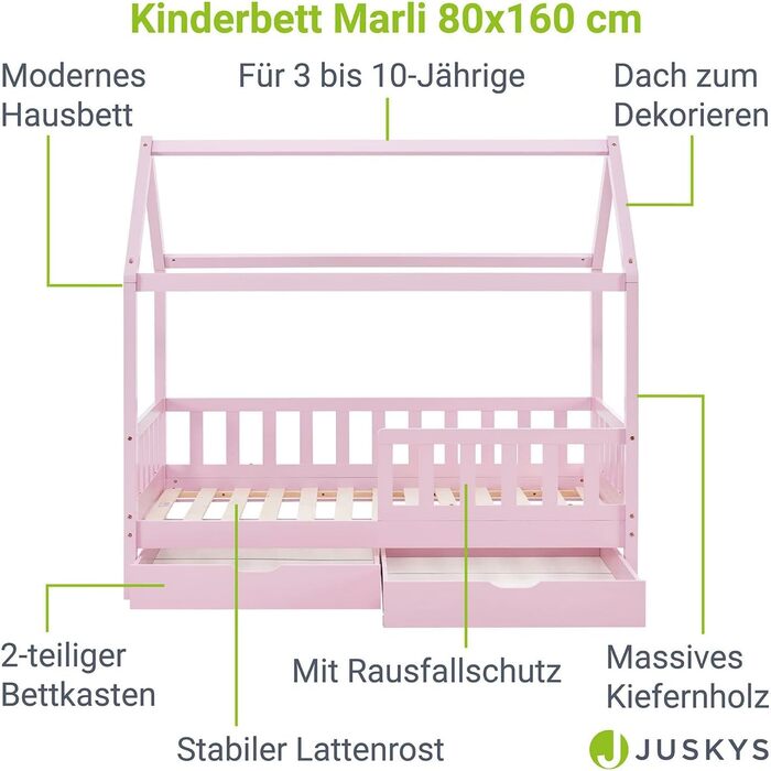 Дитяче ліжко Juskys Marli 80 х 160 см з 2-х секційним ящиком, захистом від випадання, рейковим каркасом і дахом - Дитяче ліжко з масиву дерева - ліжко рожеве 80 х 160 см рожеве