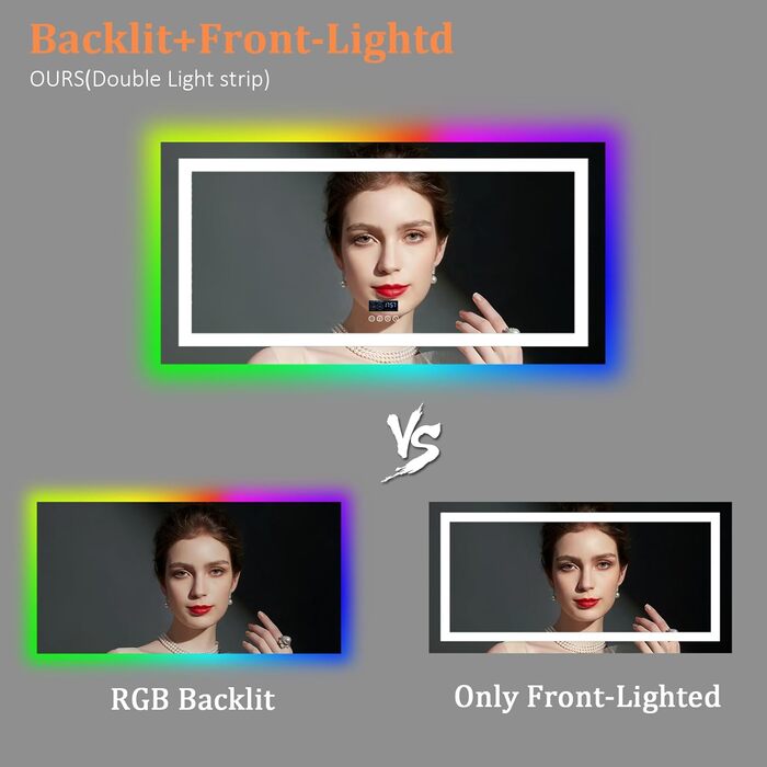 Дзеркало для ванної кімнати LUVODI LED з підсвічуванням, 40x50 см, водонепроникне, сенсорне керування, 3 колірні температури, регульована яскравість, антизапарник, RGB підсвічування, Bluetooth, 120x60 см