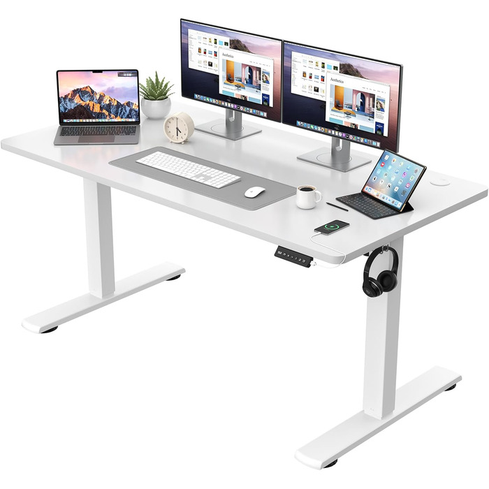Регульований за висотою стіл JUMMICO з підсвічуванням, 140 x 60 см, білий. Електричний стіл з пам'яттю, для роботи стоячи та сидячи, комп'ютерний стіл.