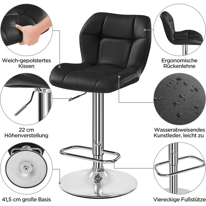 Барні стільці Yaheetech 4 шт. регульовані по висоті, 360° обертання, з підніжкою, чорні, PU-шкіра, для кухні