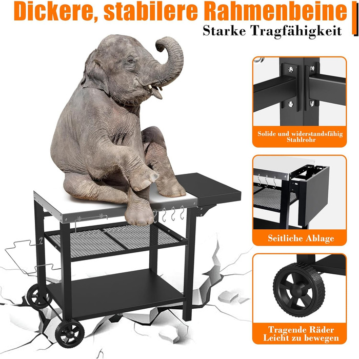 Нержавіюча сталева візок для гриля Denmay з 3 ярусами, піч для піци, робочий стіл для гриля, візок для обслуговування на відкритому повітрі