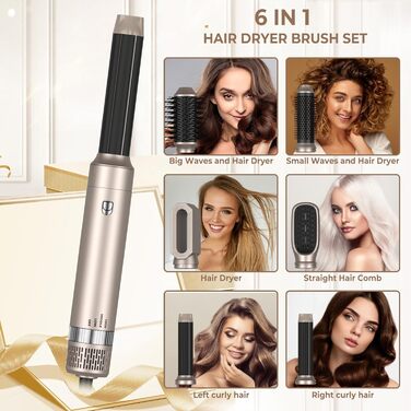 Фен-щітка Airstyler UKLISS 6 В 1, фен з теплою повітряною щіткою з автоматичною плойкою, щітка для випрямлення, надає волоссю об'єм, випрямляє, завиває і сушить волосся феном Gold 2