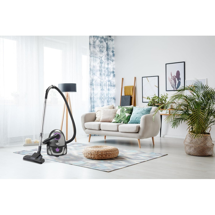 Пилсос Bestron з мішком, для прибирання підлоги, з 3 мішками, телескопічна труба 94 см, перемикач насадки для підлоги, радіус дії 7.5 м, HEPA 12 та мікрофільтр, миючий, чорний/фіолетовий