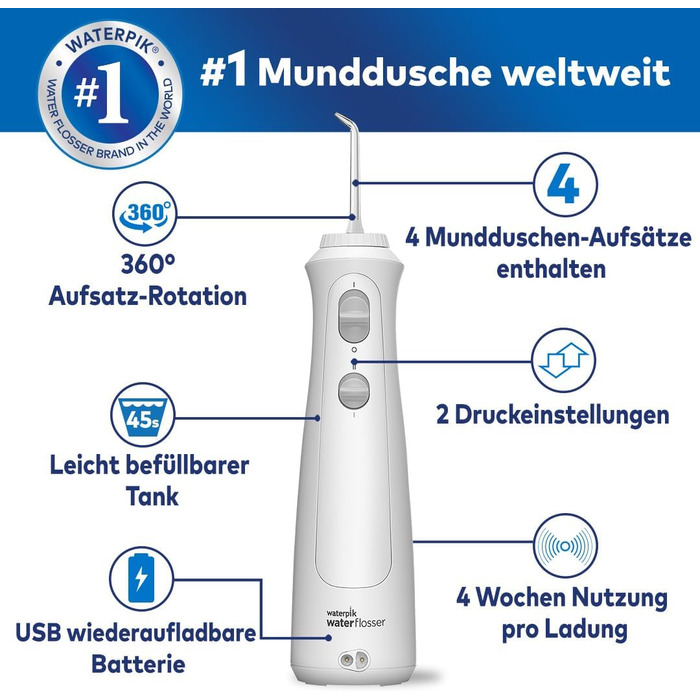 Waterpik Advanced Бездротова Іригатор для Ротової Порожнини, Іригатор для Зубів, Білий, 4 Насадки, 3 Режими, Індукційна Зарядка