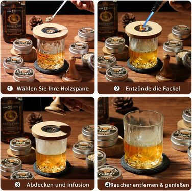 Набір для копчення віскі з пальником, 6 смаків, дерев'яні стружки, 2 склянки, 6 контейнерів для віскі, набір для коктейлів, набір для копчення напоїв, подарунок на день народження для любителів бурбону (без бутану)
