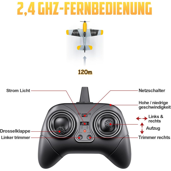 Літак на радіокеруванні HAWK'S WORK P-51D Mustang 2.4GHz, 6-осьовий гіростабілізатор, готовий до польоту, для дітей та початківців (сірий)