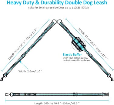 Повідець для собак PHILORN для 2 собак 50 кг-знімний і світловідбиваючий Регульований 167-223 см-амортизуючий поводок для собак, поводок від руки, без заплутування подвійний поводок з 2 ручками, поясний кишеню (синій)