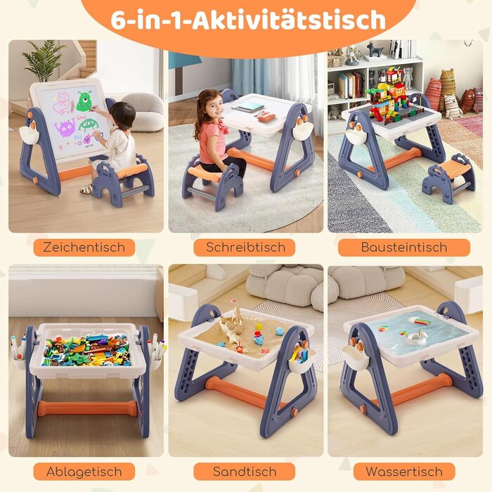 Дитячий стіл-трансформер DREAMADE 6-в-1 з місцем для сидіння, дошками для малювання/конструктора та ящиком для іграшок, 102 деталі, для дітей від 3 років (Модель 2)