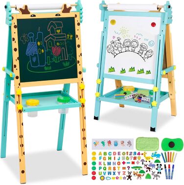 Дитячий мольберт Kinder с паперовою рулеткою, двосторонній, регульований по висоті, дошка для малювання маркерами та крейдою, мольберт для стоячи з цифрами та аксесуарами, мольберт для малювання для малюків, хлопчиків та дівчаток