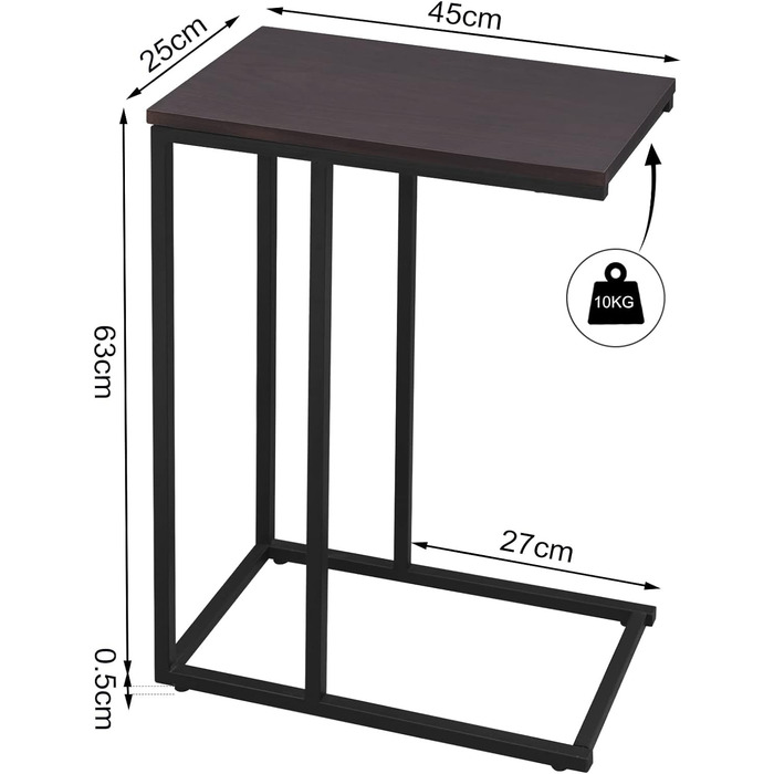 Журнальний столик, журнальний столик, журнальний столик, журнальний столик, тумбочка, тумбочка, столик для ноутбука, металевий каркас, дерев'яна стільниця, 45x25x63.5см (ШxГxВ), TSG17sz (темний бук)