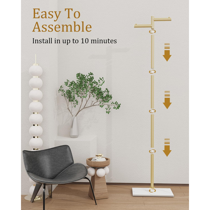 Підлоговий вішак для одягу Metall, стійка підставка для куртки, гардероб з натуральною кам'яною основою, 175см, сучасний дизайн, підходить для куртки, шапок, сумок, білий (39x26x175cm, золото)
