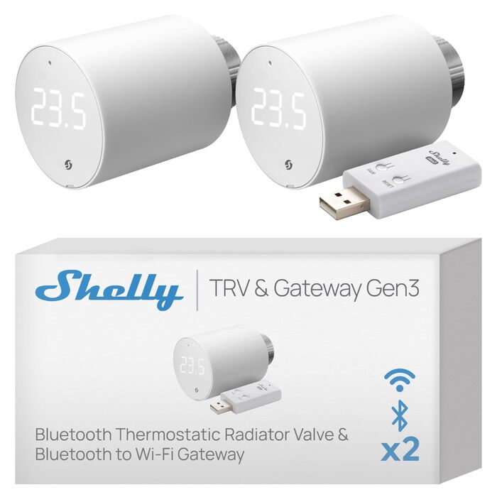 Shelly Blu TRV (2 шт.) + Shelly Blu Gateway Gen3: Розумний терморегулятор Bluetooth/Zigbee, точне регулювання температури, сумісний з Alexa та Google Home