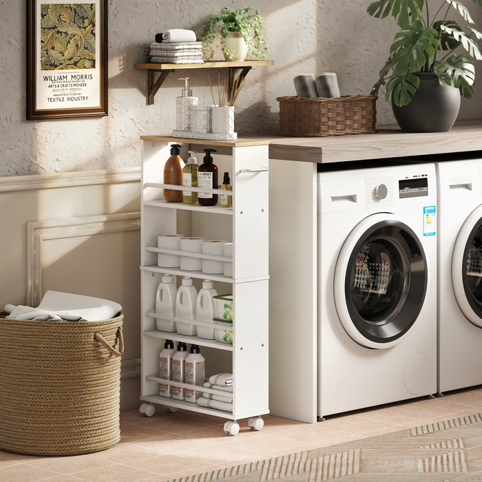 Багатофункціональна полиця на колесах, вузький дизайн, 4 відділення, 45x15x91 см, колір натуральний