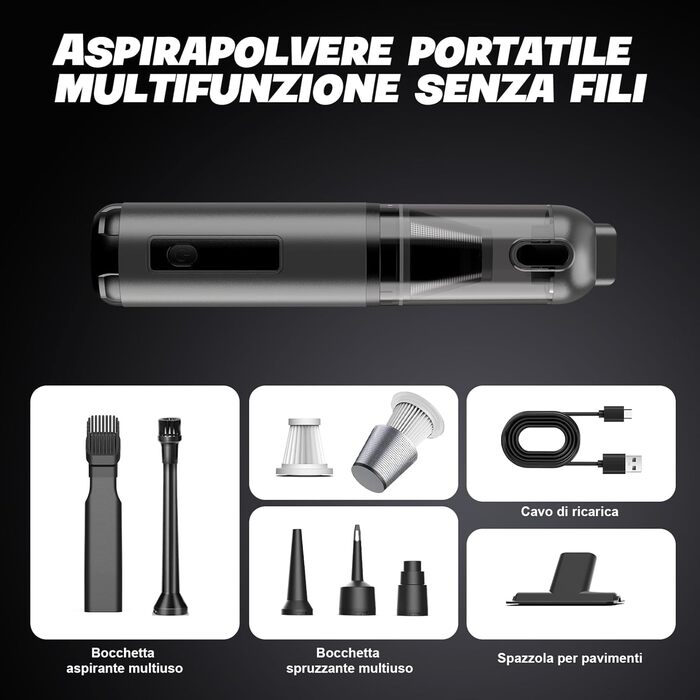 Акумуляторний ручний пилосос для авто та дому 4-в-1, безщітковий мотор 26000Па, 3 режими потужності, з підсвіткою (Сірий)