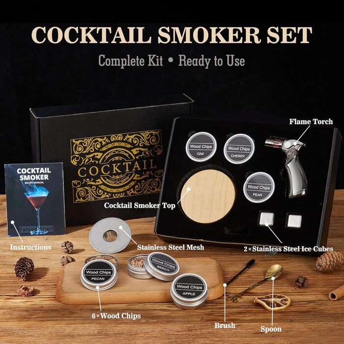 Набір для копчення віскі – Old Fashioned Cocktail, 6 дерев'яних чіпсів, 4 гранітні камені, запальник та аксесуари для поціновувачів віскі та коктейлів (без бутану), гранітні камені з нержавіючої сталі