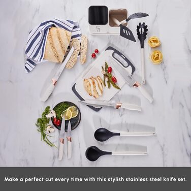 Набір ножів Karaca Gusto 12 предметів з дерев'яною підставкою та кухонними аксесуарами, з нержавіючої сталі, ергономічні ручки, кремовий колір