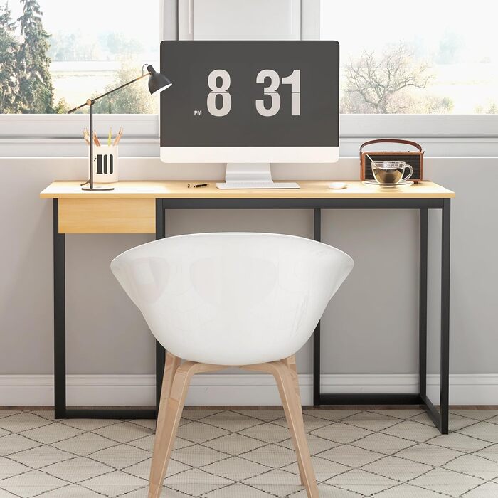 Письмовий стіл з висувним ящиком, 120 х 55 х 75 см, комп'ютерний стіл малий, офісний стіл офісний стіл дерев'яний стіл для ПК, робочий стіл металевий каркас, для домашнього офісу, офісу, кабінету (натуральний)