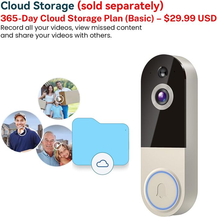 Відеодзвінок бездротовий 1080P з AI-розпізнаванням, нічне бачення, 2-сторонній аудіо, на батарейках, хмарне сховище, Wi-Fi 2.4 ГГц, для внутрішнього та зовнішнього використання