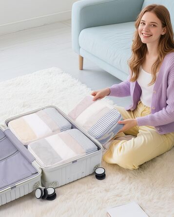 Набір органайзерів для подорожей Narwey (6 шт), компресійні органайзери для валізи та рюкзака, набір пакувальних кубів для одягу, сіро-блакитні смужки