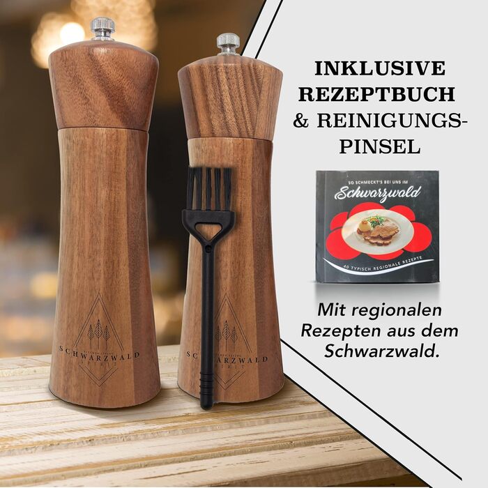 Набір з 2-х дерев'яних мельниць для солі та перцю (21 см) з керамічним механізмом - з пензликом для чищення та рецептами, кухонні аксесуари, подарунок