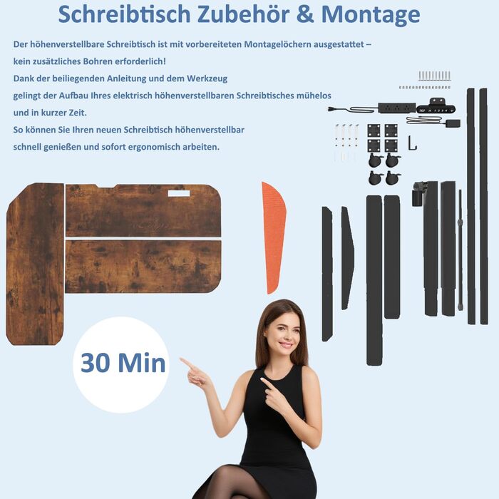 Електричний кутовий стіл з регулюванням висоти 150 см, L-подібний, з 4 пам'яттю, спліт-плита, для дому та офісу (150x68 см, коричнево-помаранчевий)